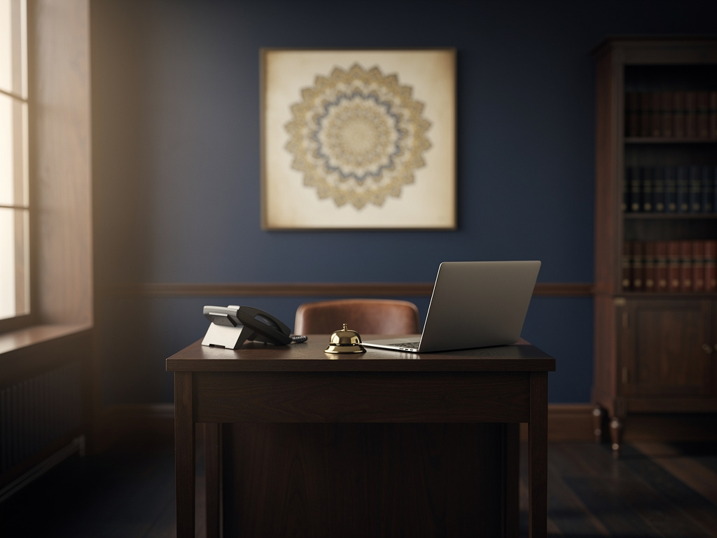 The entrance of the practice with a small reception desk holding a laptop, a phone, and a brass bell, a framed abstract