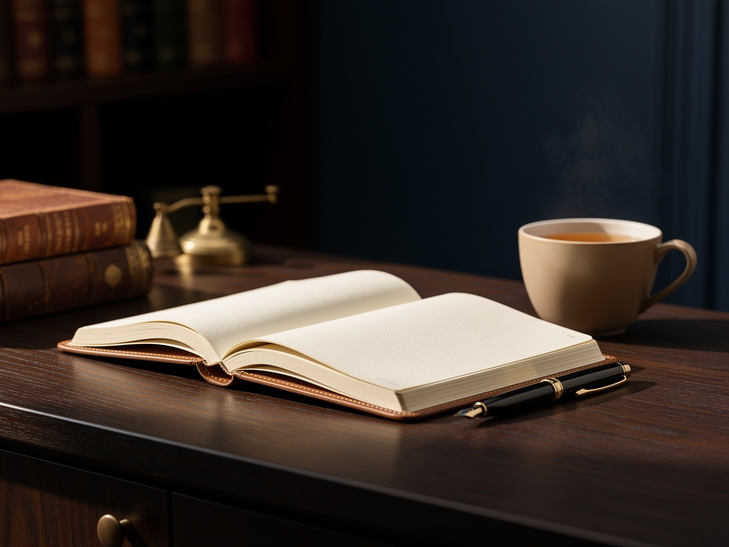 Close-up of an open leather notebook and a fountain pen resting beside a cup of tea on a dark wood side table.