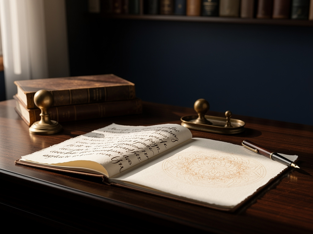A handwritten dream journal on parchment-textured paper, next to a faint hand-drawn mandala sketch in ochre ink.