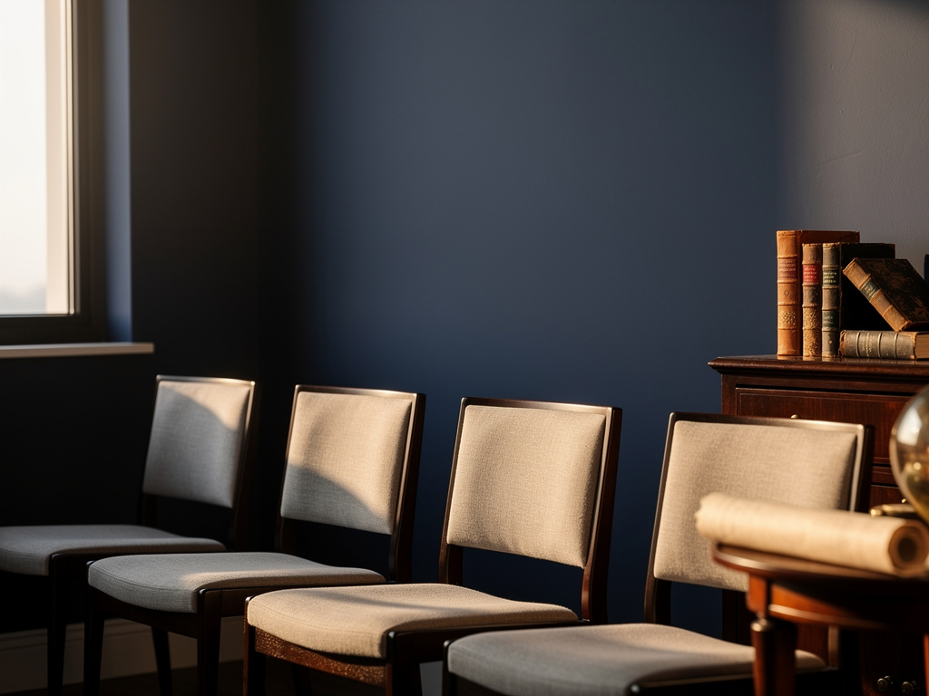 A row of empty chairs arranged in a quiet consulting room, warm window light on indigo walls.
