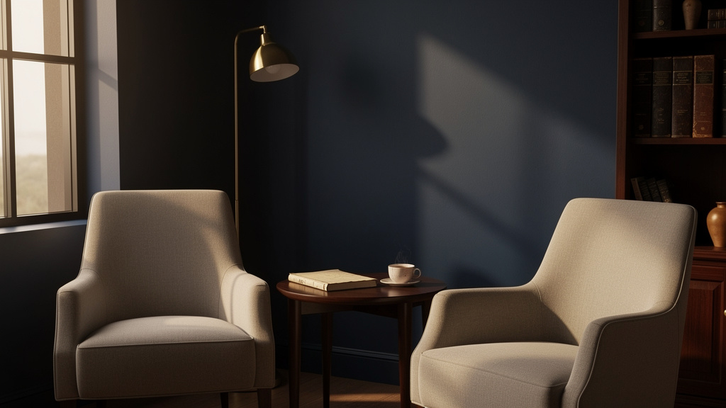 Two armchairs facing each other beside a tall window, a small side table with a closed notebook and a cup of tea, soft g