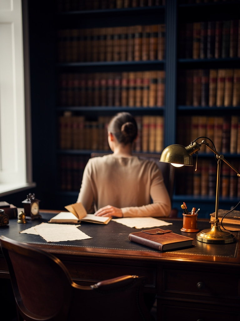 An analyst seen from behind at a dark wooden desk, reading by lamplight, shelves of old books softly out of focus.